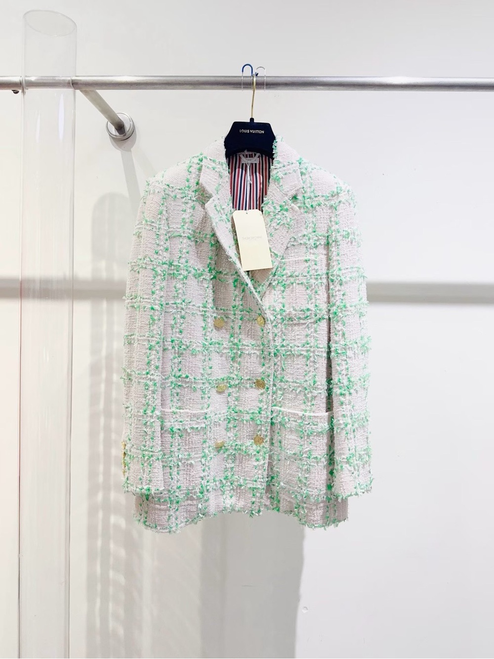 Thom Browne White & Mint Green Tweed Double-Breasted Blazer